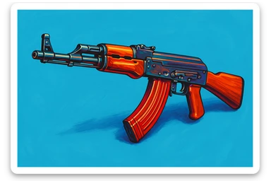 Сгенерируй мне АК 47 в чуть рисованном стиле, ярко объемно и красочно! на однородном фоне sticker