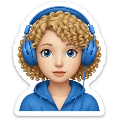 A girl with curly hair listening to music with blue headphones sticker