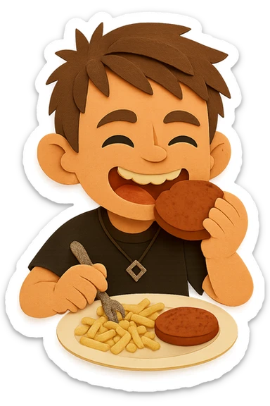 The same boy is now greedily chewing the meat patty, clearly enjoying it sticker