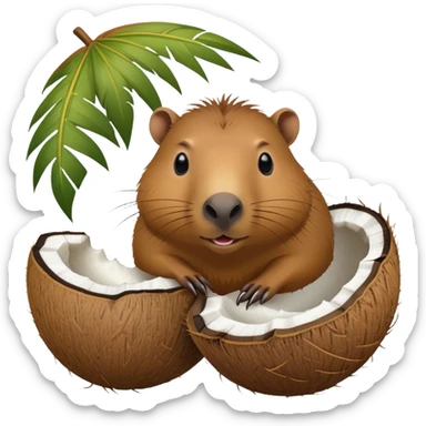 Capybara face emerging from a coconut with its shell partially open sticker