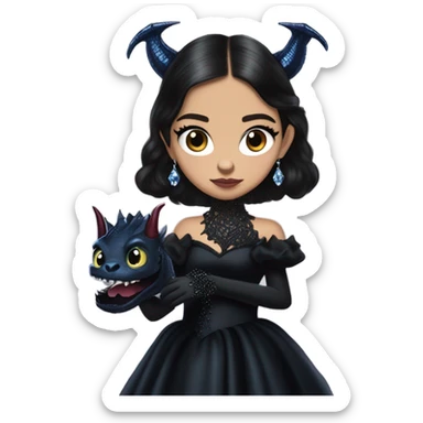 relaxed low-cut back silky black evening ball gown with lace gloves, Jenna Ortega as Addams woman wearing a mini diamond tiara, very large blood blue evil-looking horned old dragon hand puppet sticker