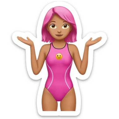 surf girl standing on a surfboard, pink one-piece swimsuit, arms out, emoji style sticker