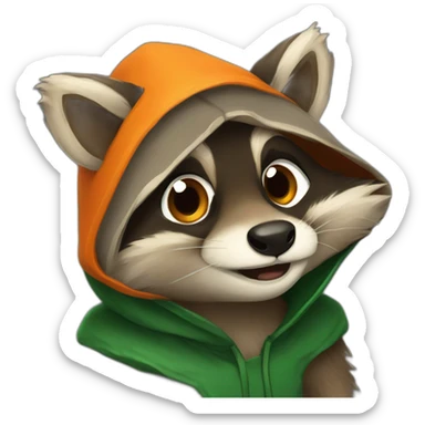 brown raccoon with orange eyes and a dark green hood that is laughing sticker