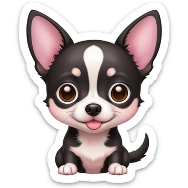 Black Chihuahua with white spots, brown cheeks, and a pink nose sticker