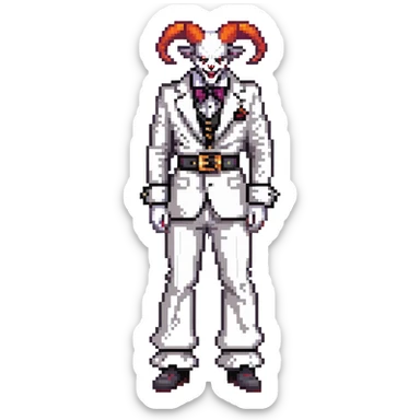 full-body demonic clown in black and white leisure suit with bellbottom pants, bald, black ram horns, flashy black and white belt, ruffled white shirt, no neck tie, large fangs sticker