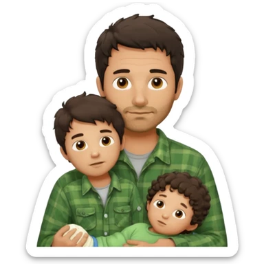 A father with messy medium-length dark hair and light stubble, wearing a green flannel shirt. He holds his child who has short curly brown hair and a cream-colored romper. Cozy warm lighting, authentic family moment. sticker
