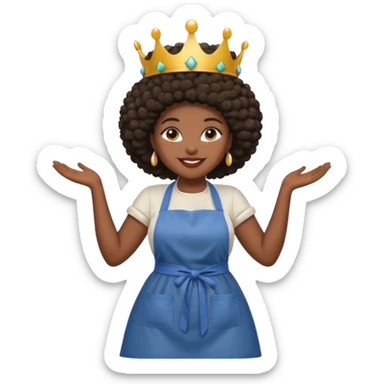 Mujer curvy afro, con piernas gordas y vestimenta cómoda, usando delantal,con una corona sobre su cabeza y sonrisa contagiosa.  sticker