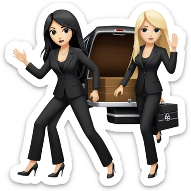 Two woman in black pants suits. They have long hair. One has black hair and one is blond. They are punching a stretcher with a coffin on into a black Mercedes Vito  sticker