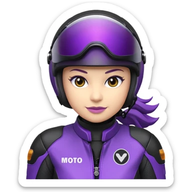 Créer un emoji avec une moto mt07 sport noir mate / violet iridescent très foncé, pare-brise de la moto violet. Avec une femme pilote dessus, visage caché’ par la visière violette, visière cachant tout le visage .Avec en arrière plan cercle violet. sticker