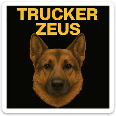 Apply maximum compression to reduce file size as much as possible while keeping transparency, realistic German Shepherd, and yellow 'Trucker Zeus' text. sticker