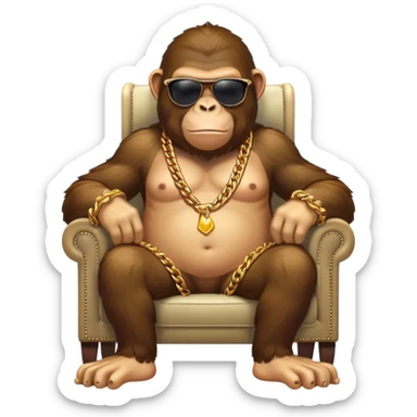 ape with big golden chain on the neck wearing sunglasses sitting in the armchair full height sticker