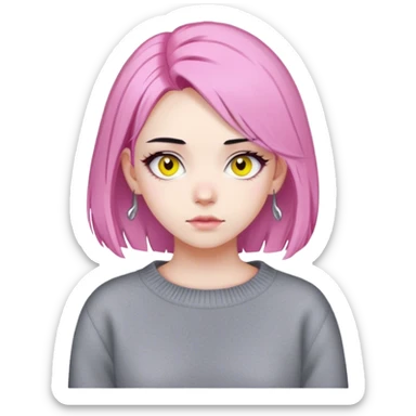 girl. With pale skin and black hair,with pink hair dye in the end. Yellow eyes. Gray sweater . with white hairpins sticker