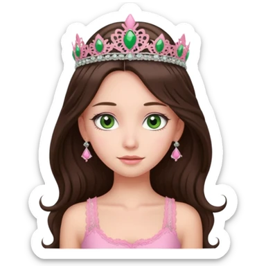 super long haired brunette with middle part cute pink lacy tank with a pink tiara on head, white but with a little bit of tan green eyes  sticker