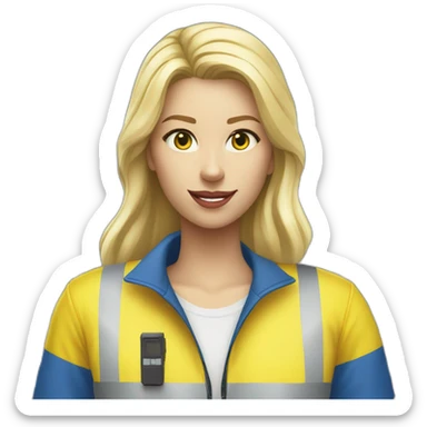 Ikea coworker blond woman blue stripes t-shirt and yellow security vest scanning palets sticker