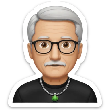 Tony Barceló is a strong, lively man in his 70s with short, neatly combed gray hair and a trimmed goatee. He has a broad face, square glasses, and a confident presence. He wears a black outfit with a silver turtle necklace, reflecting his thoughtful, creative energy as a writer. sticker