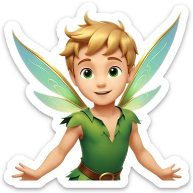 cinematic-realistic-peter-pan-portrait, head tilted dramatically with an exaggeratedly amused expression and sparkling eyes brimming with playful mischief, his iconic outfit rendered in vivid detail with dynamic shadows, soaring through the air accompanied by a glowing Tinker Bell, whose delicate wings leave a trail of shimmering pixie dust across a whimsical sky. sticker