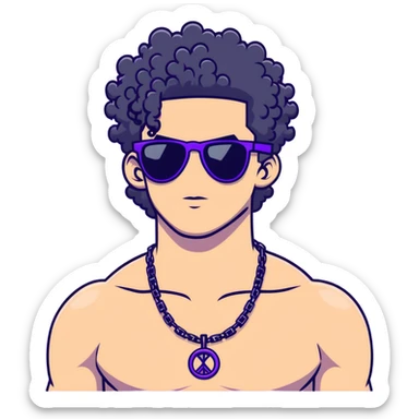 shirtless male athlete with white skin and moderately curly black hair on top with shaved sides, wearing purple sunglasses with very dark heavily tinted black lenses that completely hide the eyes, and a plain black chain necklace sticker