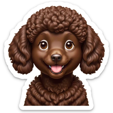 Cinematic Comical Chocolate Poodle Portrait Emoji, Head tilted dramatically with an exaggeratedly amused expression, featuring a glossy, curly chocolate Fur with a bouncy texture, wide, expressive brown eyes filled with playful disbelief, Simplified yet hilariously expressive features, highly detailed, glowing with a slightly sassy glow, high shine, dramatic yet playful, stylized with an air of cheeky mischief, bright and endearing, soft glowing outline, capturing the essence of a spirited and over-the-top companion, so meme-worthy it feels like it could side-eye its way into internet fame instantly! sticker