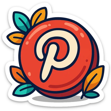 plump, vibrant, cartoon-style Pinterest logo, bold outline, expressive shadows, glossy highlights, decorated with bright leaves around the logo, no background sticker