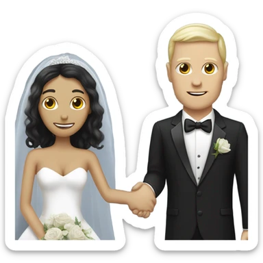 White humman man in a tuxedo holding, Alien reprilian woman in wedding dress, and one , hands getting married sticker