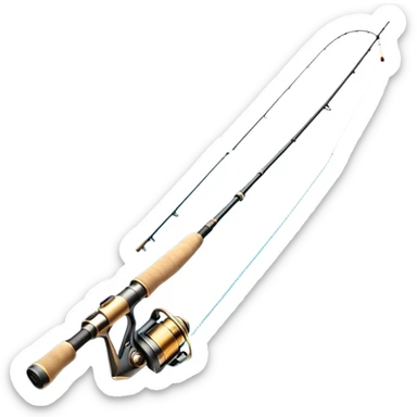 Cinematic Realistic Fishing Rod, sleek graphite rod with a smooth, polished reel, thin line disappearing into a shimmering lake, warm golden sunlight reflecting off the water, glowing with a tranquil and adventurous aura. sticker