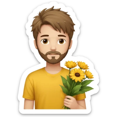 generate an ios genmoji of a 20 year old fair boy with brown long and messy hair with goattee beard on cheeks. carrying a flower bouquet, wearing a yellow tshirt, looking shy.  sticker