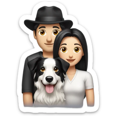 white family group consisting of man in hat and woman with black ponytail long hair and small black border collie dog sticker