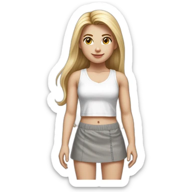 hyperrealist caucasian girl, long straight blonde hair, white v-neck laced crop tanktop, grey tight mini skirt, sneakers, facing camera sticker