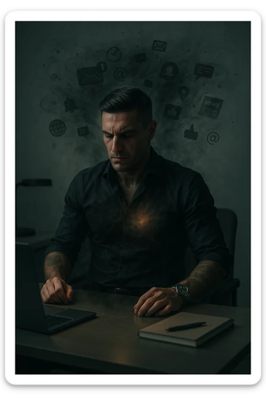 A highly realistic, cinematic image of a young man in his early 30s, sitting at a modern office desk under harsh artificial lighting, shoulders hunched, jaw clenched, and breathing shallowly, symbolizing how modern society forces people to live in a state of chronic tension and restricted breathing. Around him, faint black and grey visual elements represent notifications, deadlines, social media icons, and news alerts, swirling around his head like a chaotic storm, symbolizing societal pressure. His chest appears visually tight and compressed, and faint dark smoke emanates from his body, representing blocked breath and internalized stress. In contrast, a faint glowing light near his chest and abdomen tries to expand, symbolizing the innate desire of the body to breathe freely and deeply. The environment is cold and minimalistic, with a sense of stillness and tension, captured in a hyperrealistic 35mm film style with muted colors, focusing on the man's tense posture and restricted breathing to reflect the unseen burden of modern living. sticker