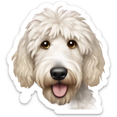 Shaggy large White Goldendoodle with Mohawk and  with tan on ears eating birthday cake  sticker