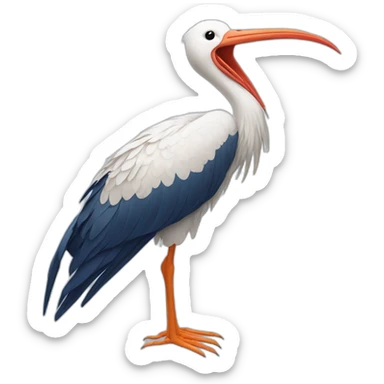  white stork with long legs and a long beak flying in the sky. The stork is carrying a blue bundle of cloth in its beak that has a cute baby face peeking out from it sticker