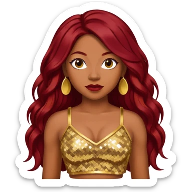 LaTavia Robeson with long dark red hair, gold sequin crop top  sticker