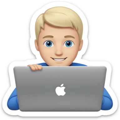 blue-eyed European guy working on a laptop, cheerful expression emoji sticker