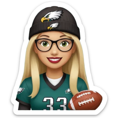 full length women wearing eagles uniform, long straight blonde hair, bangs, green eyes, black rectangle glasses, holding football, number 33, smiling, lipstick, eagles beanie sticker