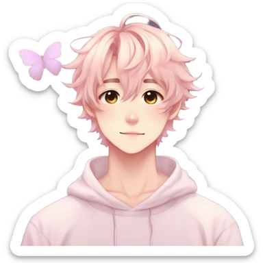 Gorgeous pastel anime style shojo man with blushing face and butterflies aesthetic and pretty hair trending style sticker