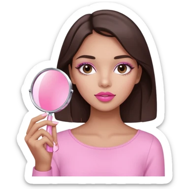 A dark brown hair beautiful eyes medium skin tone of girl carrying a pink mirror to her self and have lip stick on one of her hand look like pink pastel the packaging similar to Rhode lip  sticker