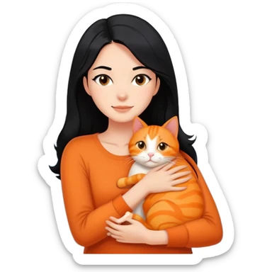 Shoulder length black hair woman hugging orange cat with living room background sticker