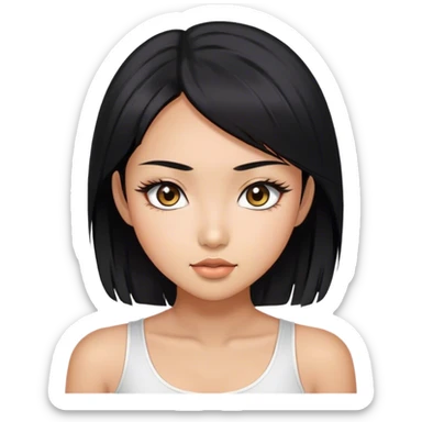 a black hair, tan skin, asian girl, vvery attractive eyes with long lashes，The full head should show.half-length phoor portrait，She's wearing a white to p sticker