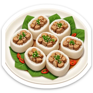 Cinematic Realistic B√°nh cu·ªën Dish Emoji, featuring steamed rice rolls filled with savory minced pork and mushrooms rendered with soft textures and inviting, warm lighting. sticker