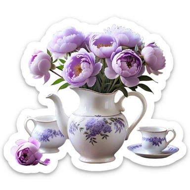 A vintage porcelain pitcher, adorned with fading lavender motifs, overflows with pastel purple peonies in various stages of bloom. Some petals, light as morning mist, curl gently at the edges, while others remain tightly wrapped, hinting at the promise of unfolding beauty. A few fallen blossoms rest beside the pitcher on an aged wooden table, their presence a fleeting echo of nature’s transient charm. Soft, diffused light filters through a lace-curtained window, lending the scene a nostalgic, dreamlike atmosphere." sticker