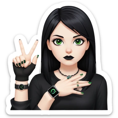 white girl, dark hair, goth style, straight hair, green eyes, without lipstick, shows rock gesture,  apple watch on hand sticker