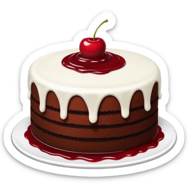 Hershey’s chocolate cake with white buttercream frosting topped with cherry sauce sticker
