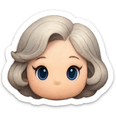 Change hair to pure silver grey with no blue or yellow cast, plush tsum tsum style, blue eyes, 1940s bob haircut, no body, no mouth, no white border, transparent background. sticker
