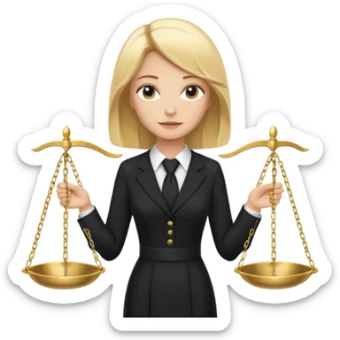 woman lawyer blanche et blonde avec des cheveux mi-long; elle est habillée avec une longue robe noire et une cravate blanche; elle porte la justice sticker