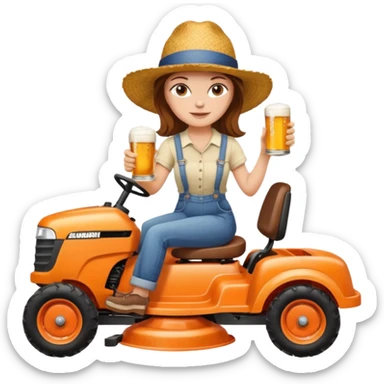 White woman with brown hair, without glasses wearing a straw hat, on old orange ride on lawn mower, holding a beer sticker