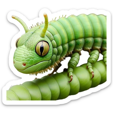 Cinematic Realistic Noble Caterpillar Portrait Emoji, Poised and serene, with a slender, segmented body covered in vivid, detailed green scales accented by subtle natural patterns, and a tiny, focused face with delicate, inquisitive eyes, rendered with lifelike texture and soft natural lighting, high shine, intelligent and delicate, styled with an air of woodland elegance, focused and attentive, soft glowing outline, capturing the essence of a watchful and confident looper caterpillar that appears ready to inch gracefully out of the screen with natural authority! sticker