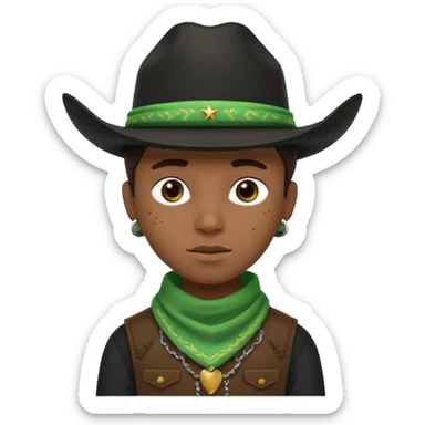 Black boy in black top wearing a black cowboy hat with green bandana around his neck sticker
