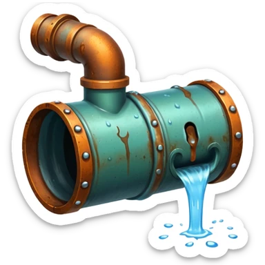 sewer steel shiny pipe with leaking water  sticker
