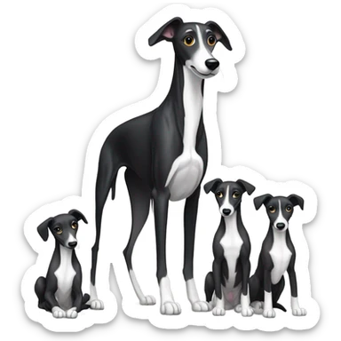 Black greyhound mom with three puppies  sticker