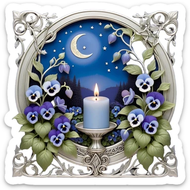 A peaceful sanctuary under the glow of a silver crescent moon, where lush blue pansies bloom in a secluded garden. The pearl-colored candle, adorned with delicate engravings, flickers with a soft luminescence, its wax melting into artistic patterns. Silver ivy vines weave through the flowers, catching the moon’s glow. A gentle breeze lifts tiny petals into the air, creating a serene and poetic atmosphere, while subtle celestial runes appear faintly in the candle’s light. sticker